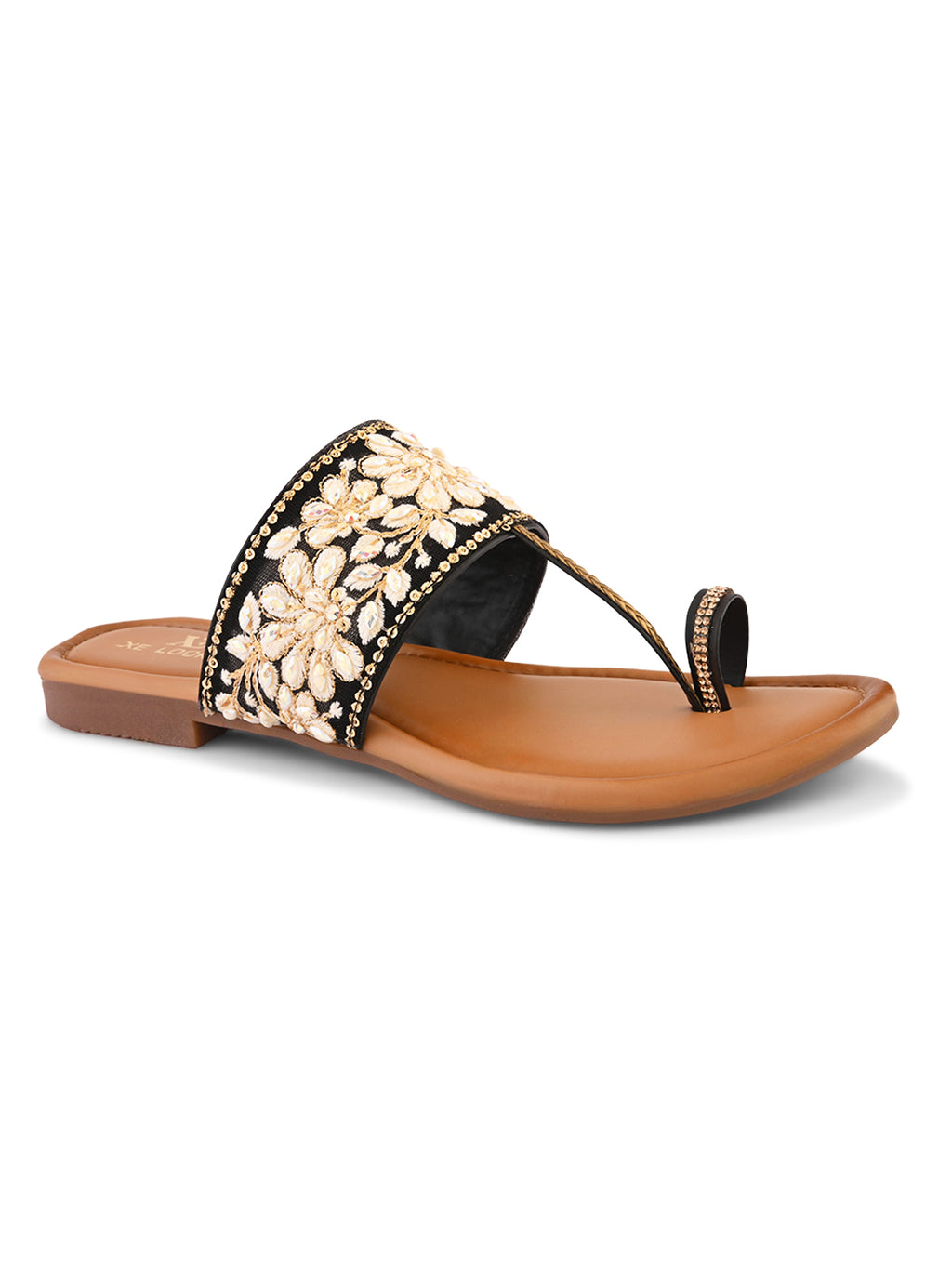 Stylish Floral Embellished Toe-Ring Flat Slippers
