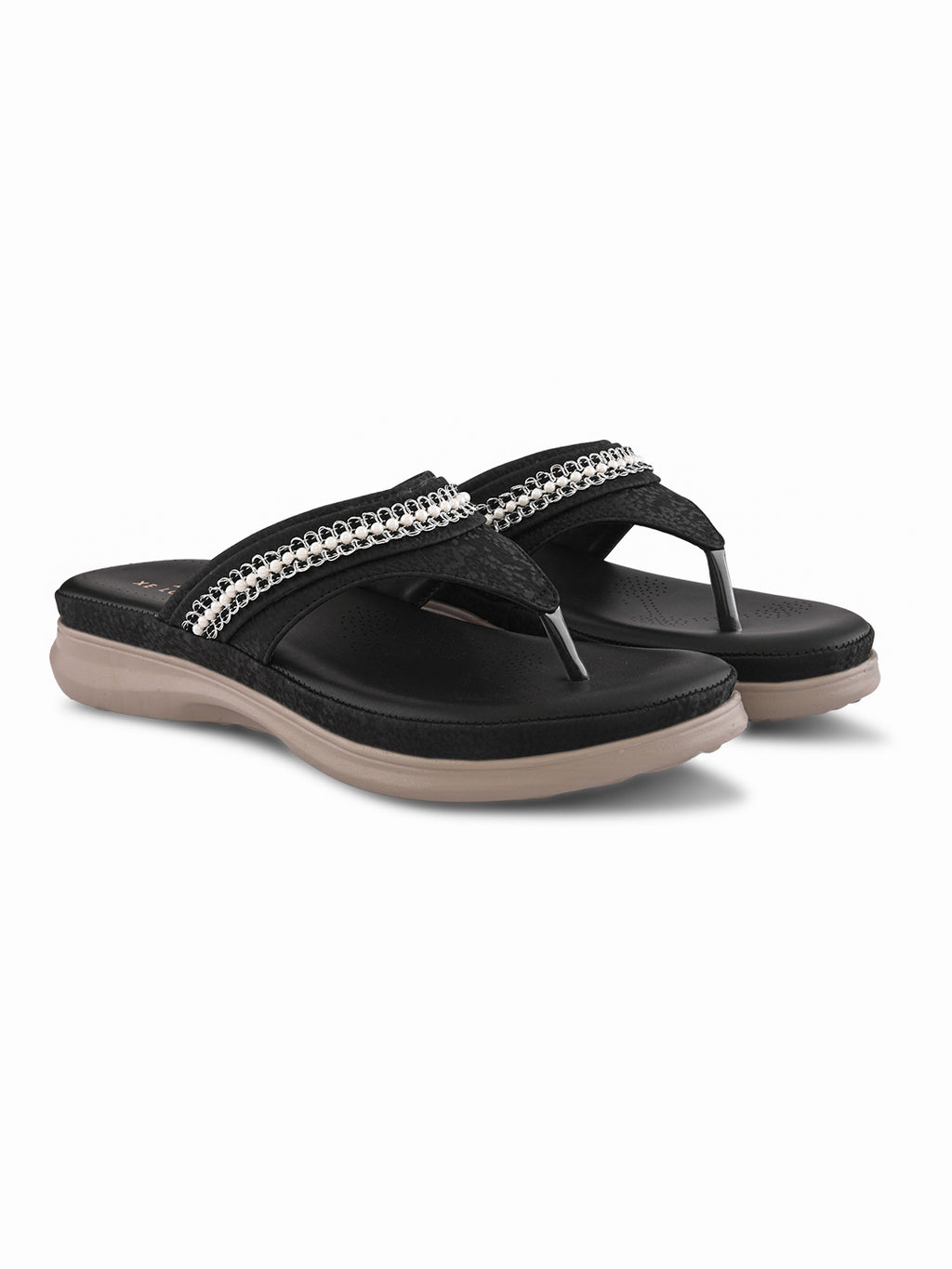 Embellished Pearl Strap Cushioned Comfort Flat Slippers