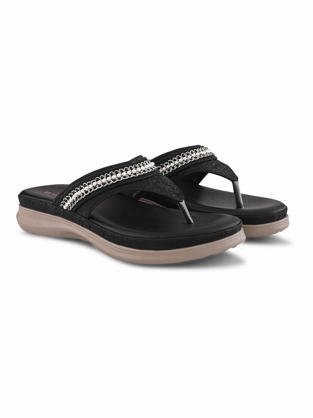 Embellished Pearl Strap Cushioned Comfort Flat Slippers