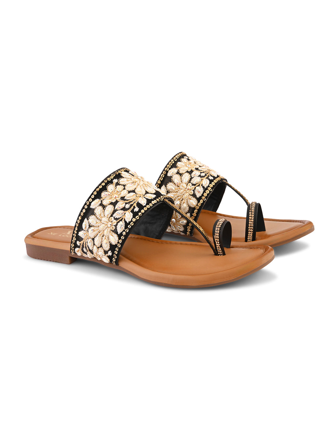 Stylish Floral Embellished Toe-Ring Flat Slippers