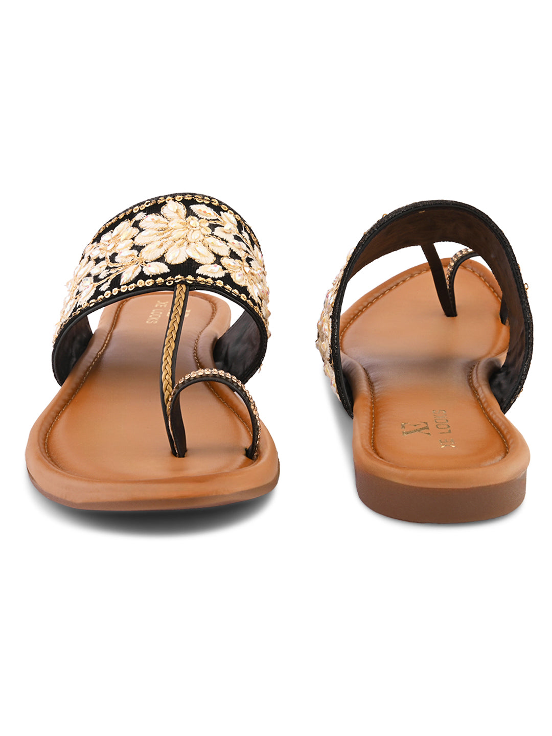 Stylish Floral Embellished Toe-Ring Flat Slippers