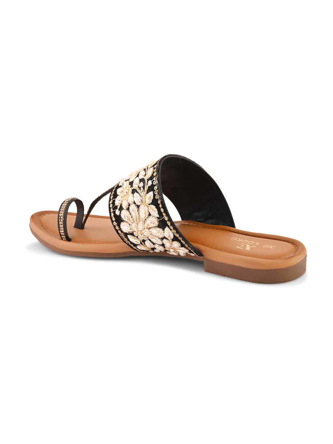 Stylish Floral Embellished Toe-Ring Flat Slippers