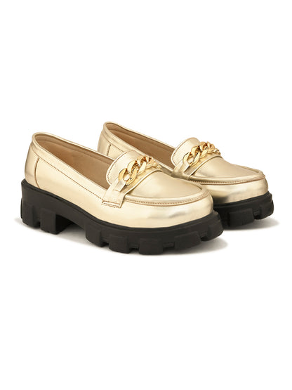 Glossy  Loafers with Chunky Sole and Gold Chain Accent