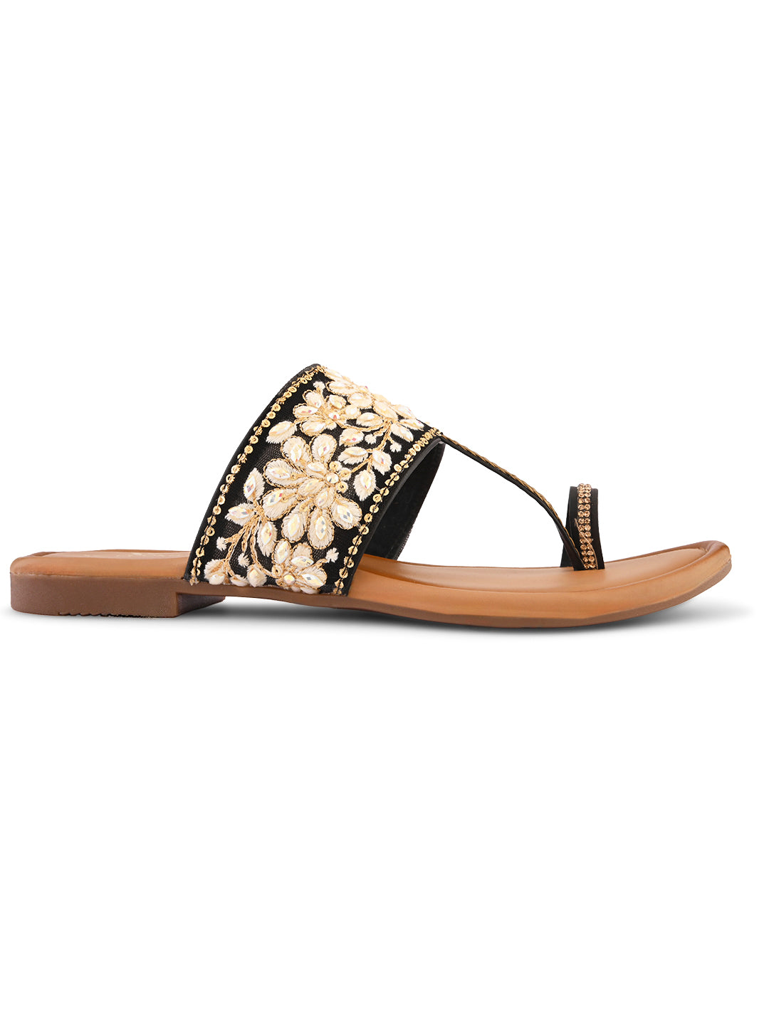 Stylish Floral Embellished Toe-Ring Flat Slippers