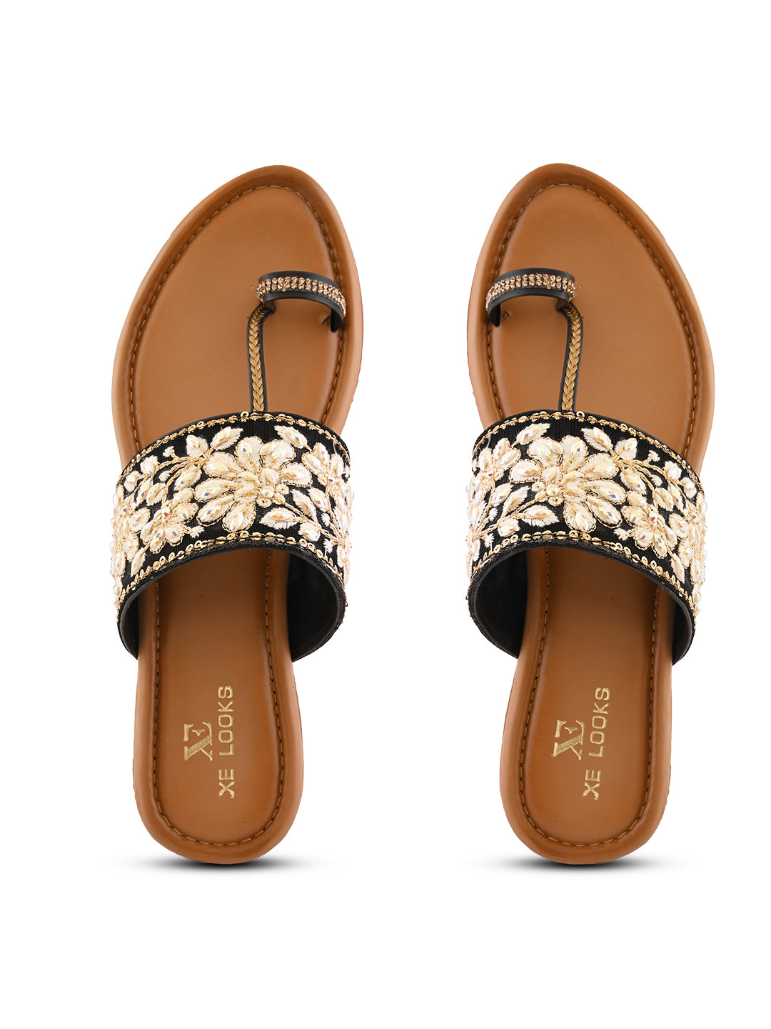 Stylish Floral Embellished Toe-Ring Flat Slippers