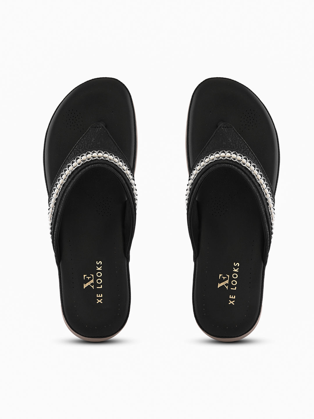 Embellished Pearl Strap Cushioned Comfort Flat Slippers
