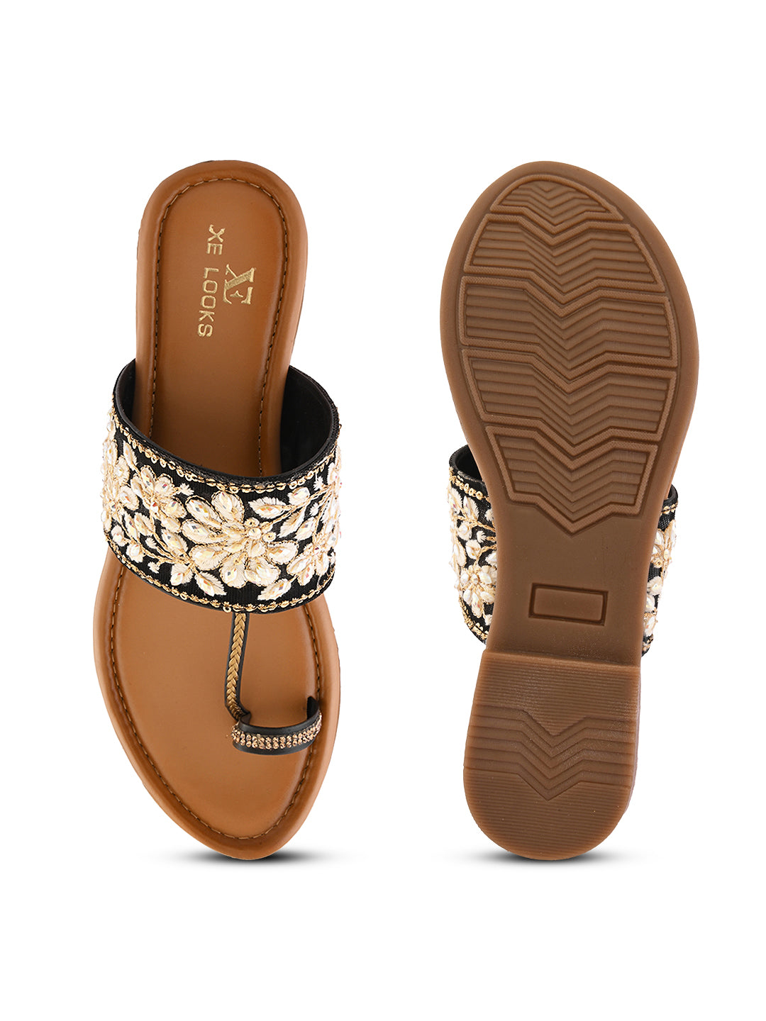 Stylish Floral Embellished Toe-Ring Flat Slippers