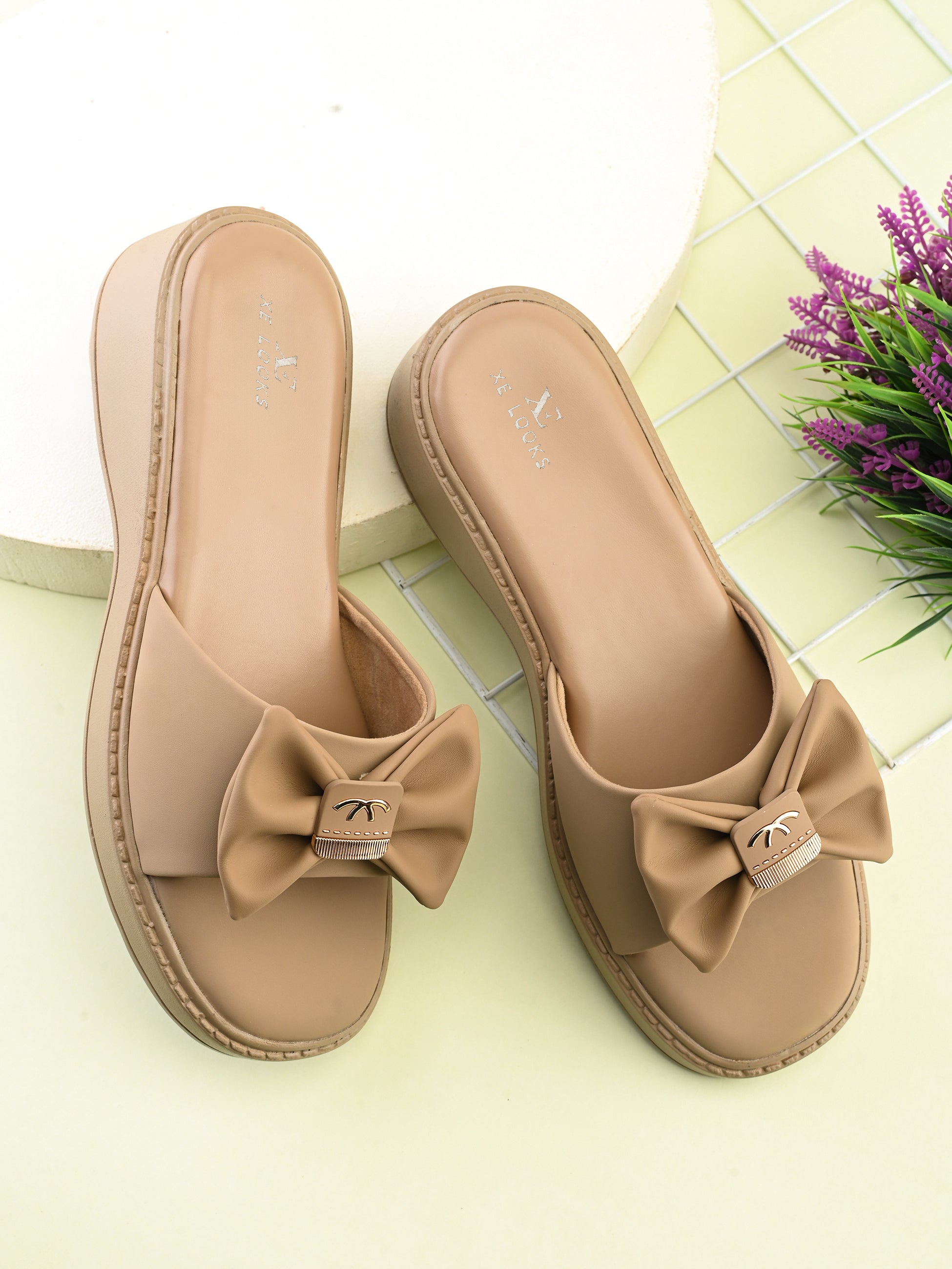 Wedge Slide Sandals Soft Bow Accent on Wide Upper Strap