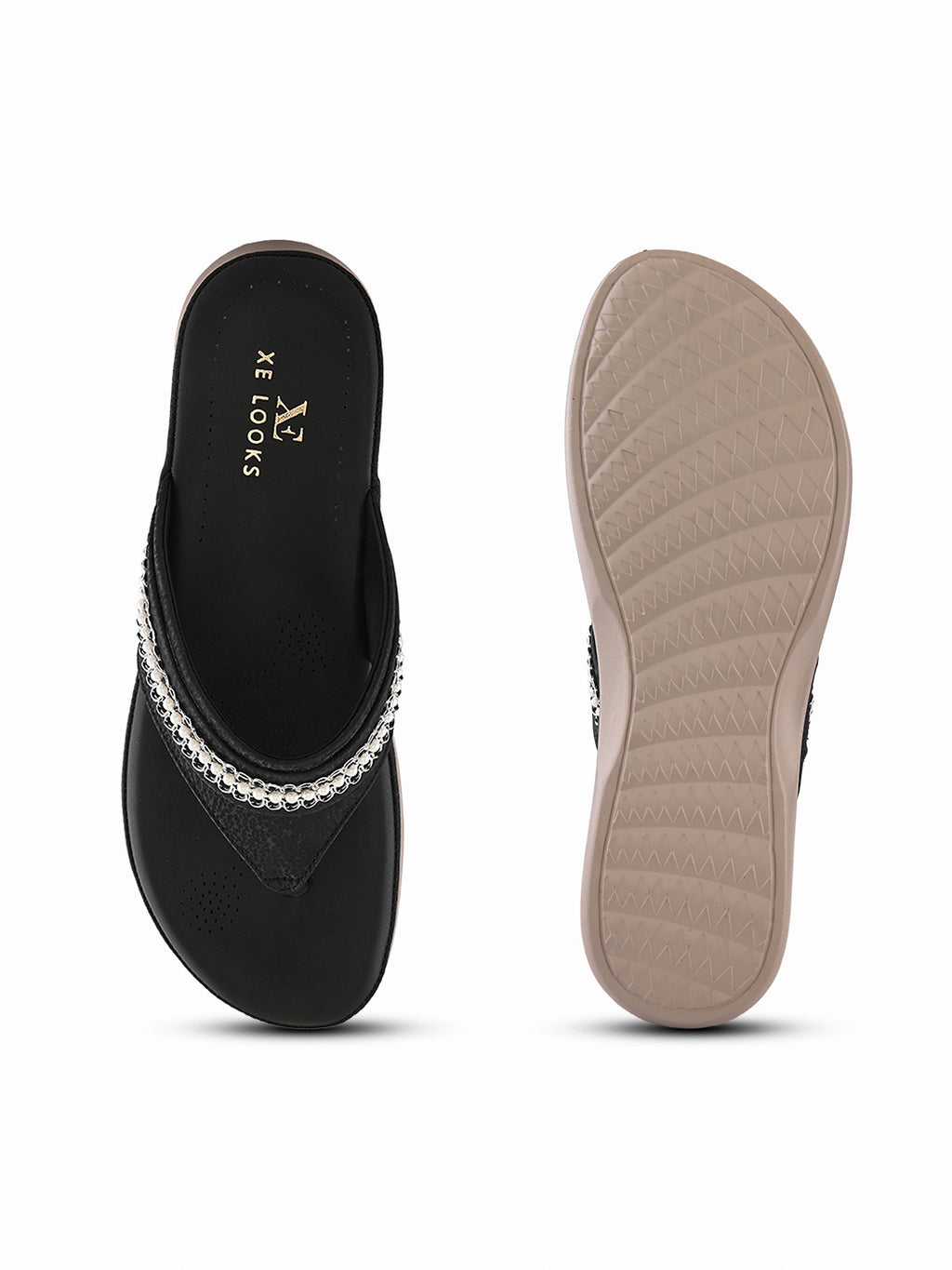 Embellished Pearl Strap Cushioned Comfort Flat Slippers