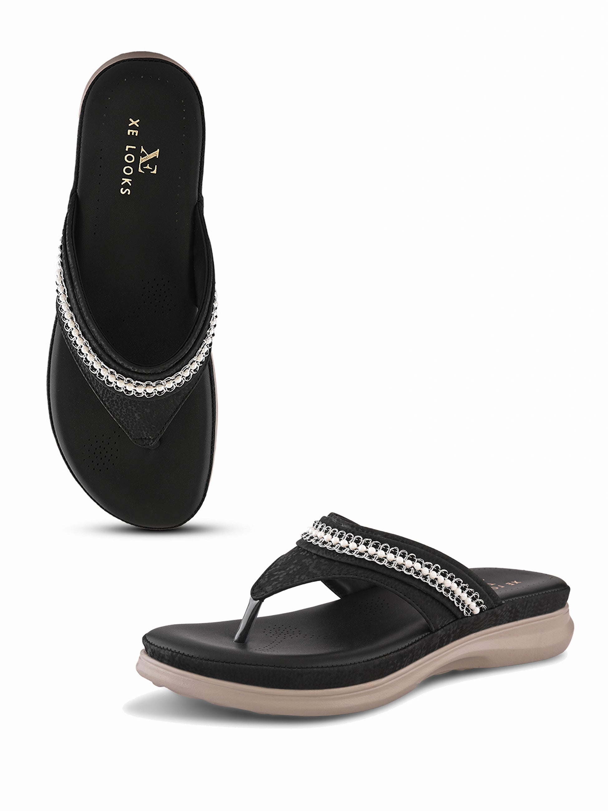 Embellished Pearl Strap Cushioned Comfort Flat Slippers