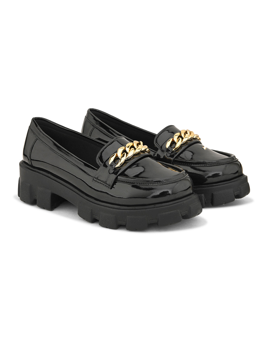 Glossy  Loafers with Chunky Sole and Gold Chain Accent