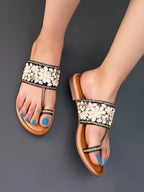 Stylish Floral Embellished Toe-Ring Flat Slippers