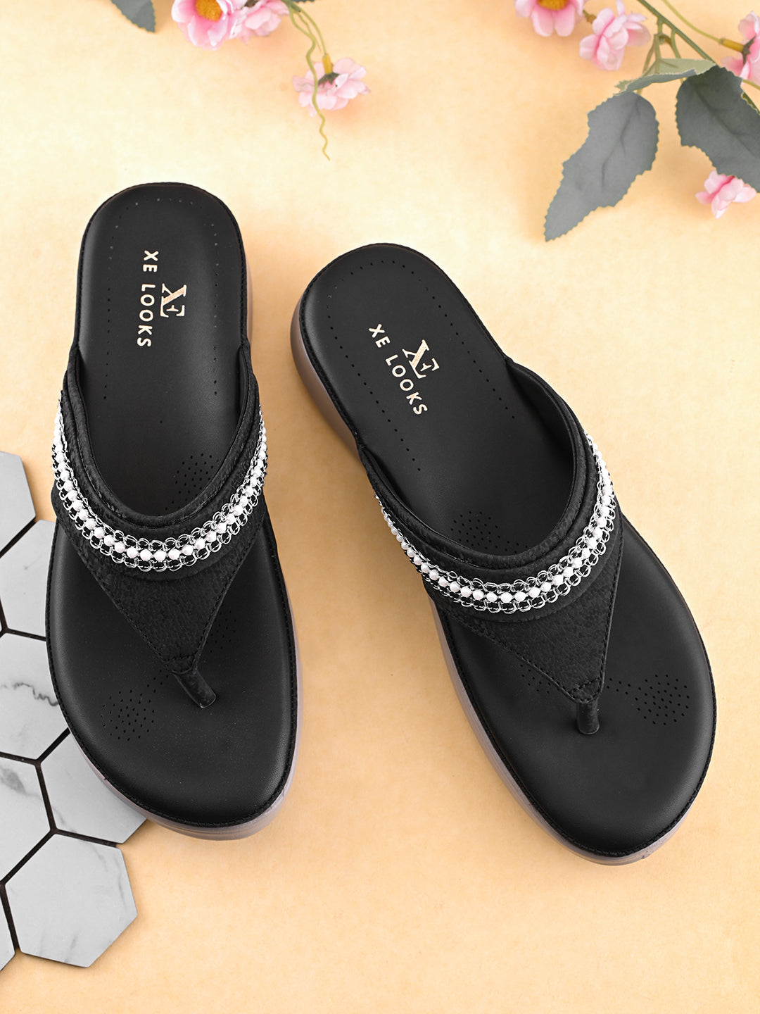 Embellished Pearl Strap Cushioned Comfort Platform Sandals