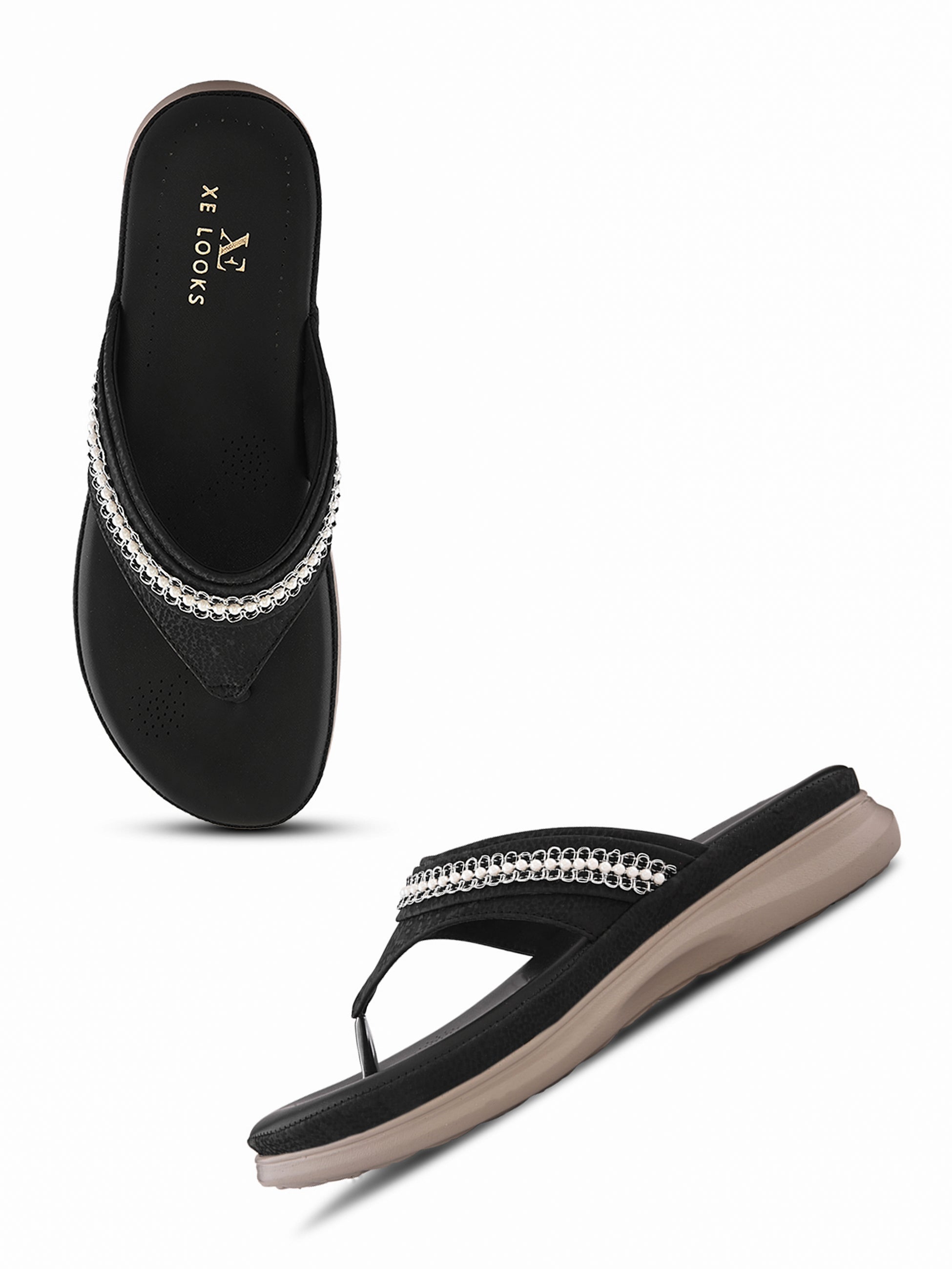 Embellished Pearl Strap Cushioned Comfort Flat Slippers