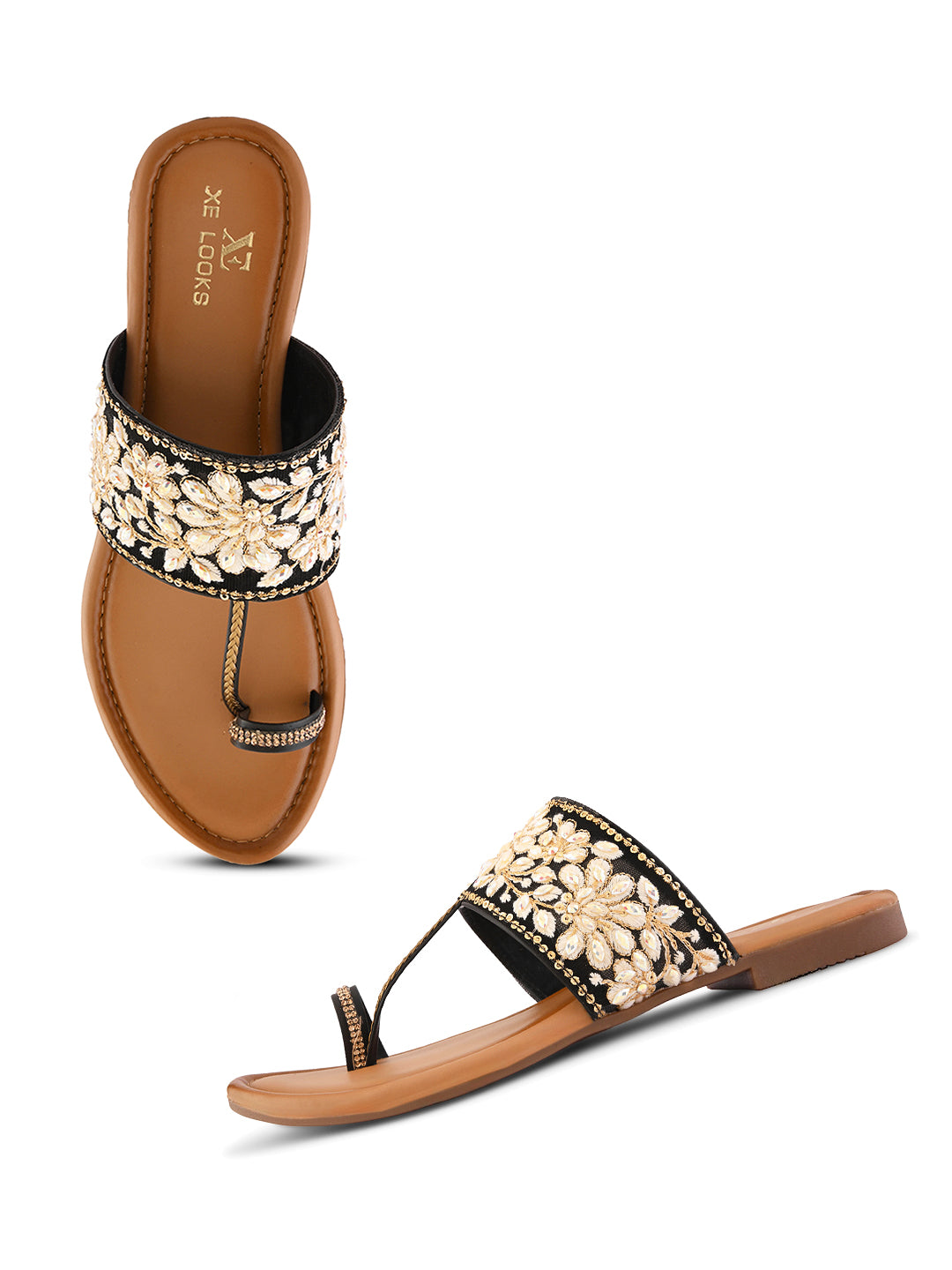 Stylish Floral Embellished Toe-Ring Flat Slippers