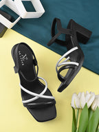 MULTI-STRAP ANKLE SUPPORT SQUARE TOE BLOCK HEEL SANDALS