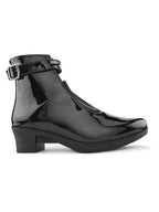 Glossy Buckle Accent Side Zipper Block Heel Ankle Boots