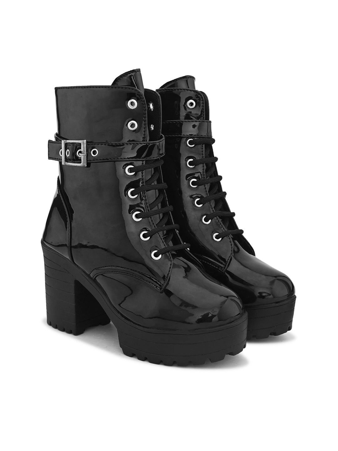 Comfortable zipper black block heel boots