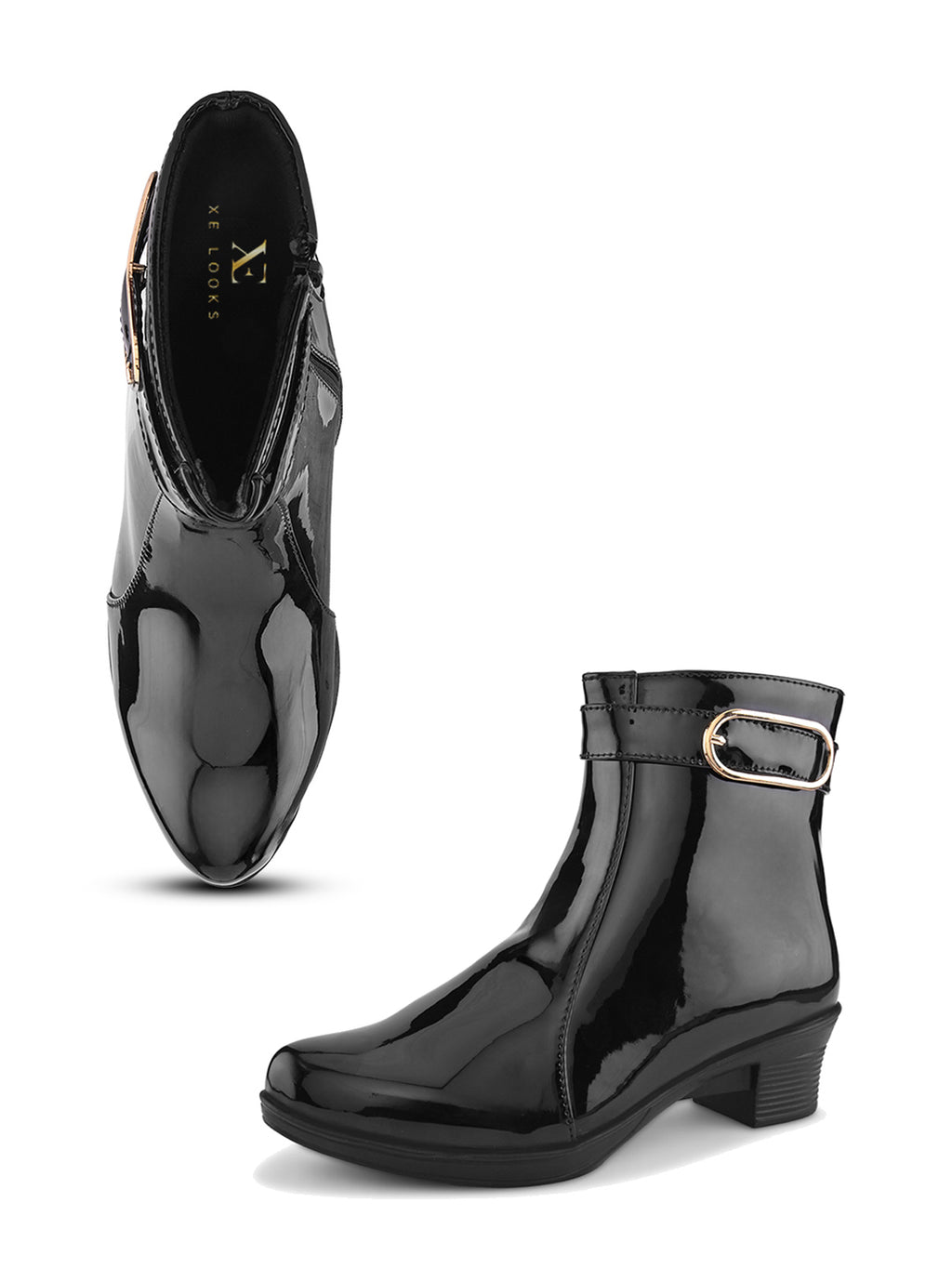 Glossy Buckle Accent Side Zip Block Heel Ankle Boots