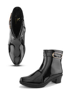Glossy Buckle Accent Side Zip Block Heel Ankle Boots