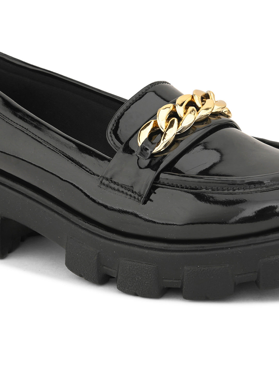 Glossy  Loafers with Chunky Sole and Gold Chain Accent