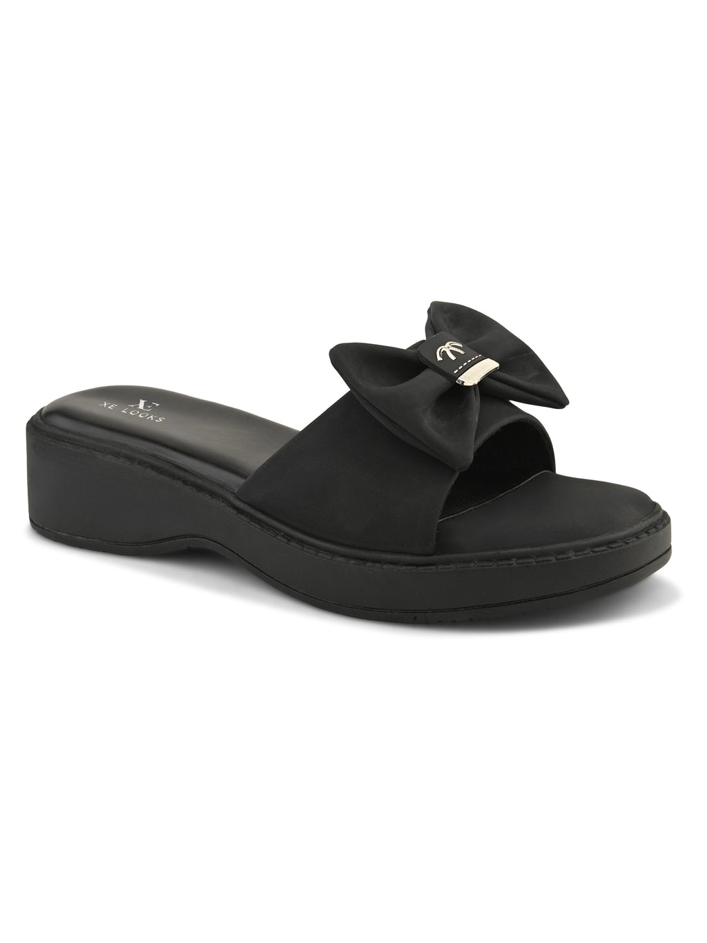 Wedge Slide Sandals Soft Bow Accent on Wide Upper Strap