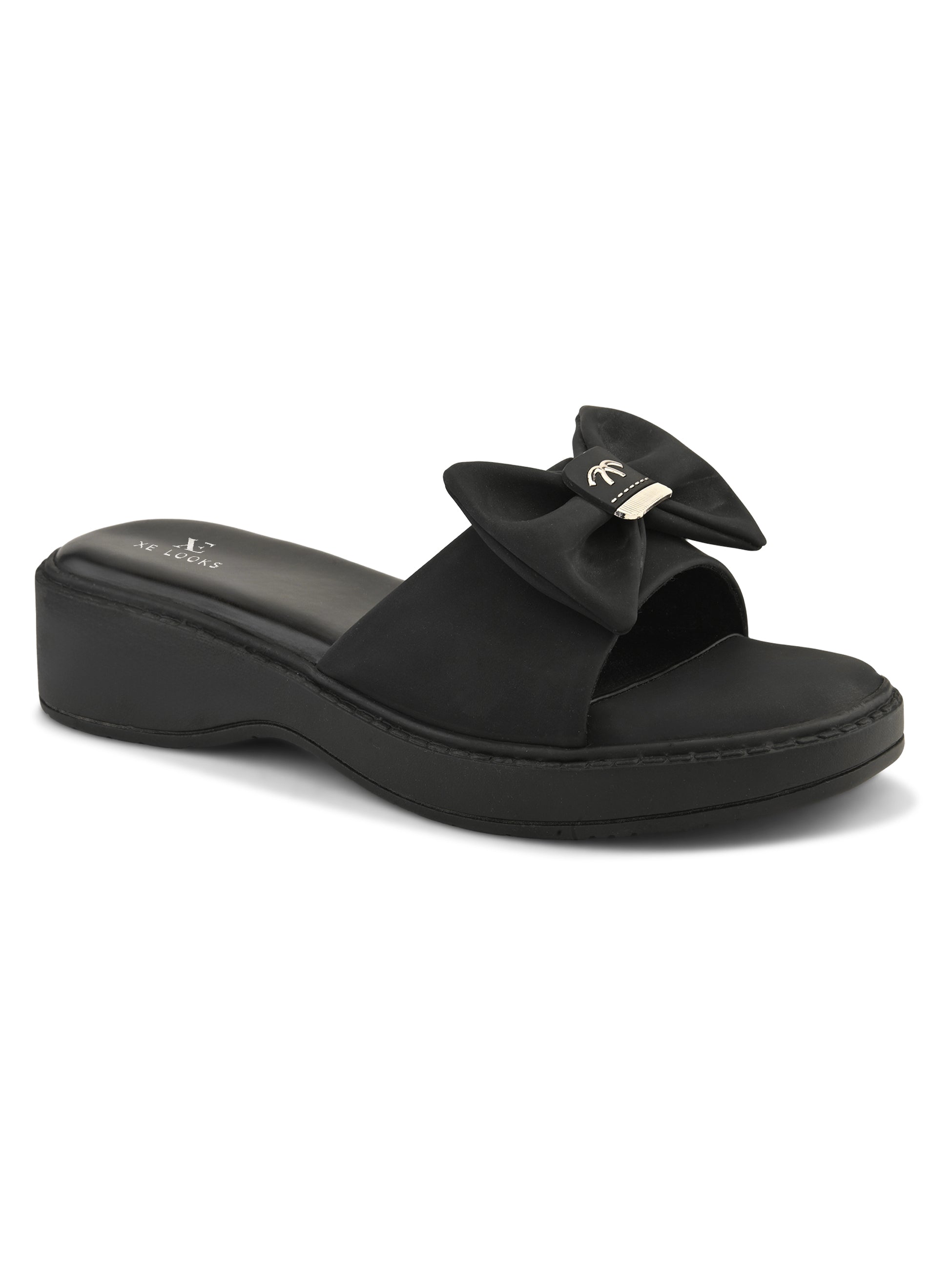 Wedge Slide Sandals Soft Bow Accent on Wide Upper Strap