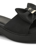 Wedge Slide Sandals Soft Bow Accent on Wide Upper Strap