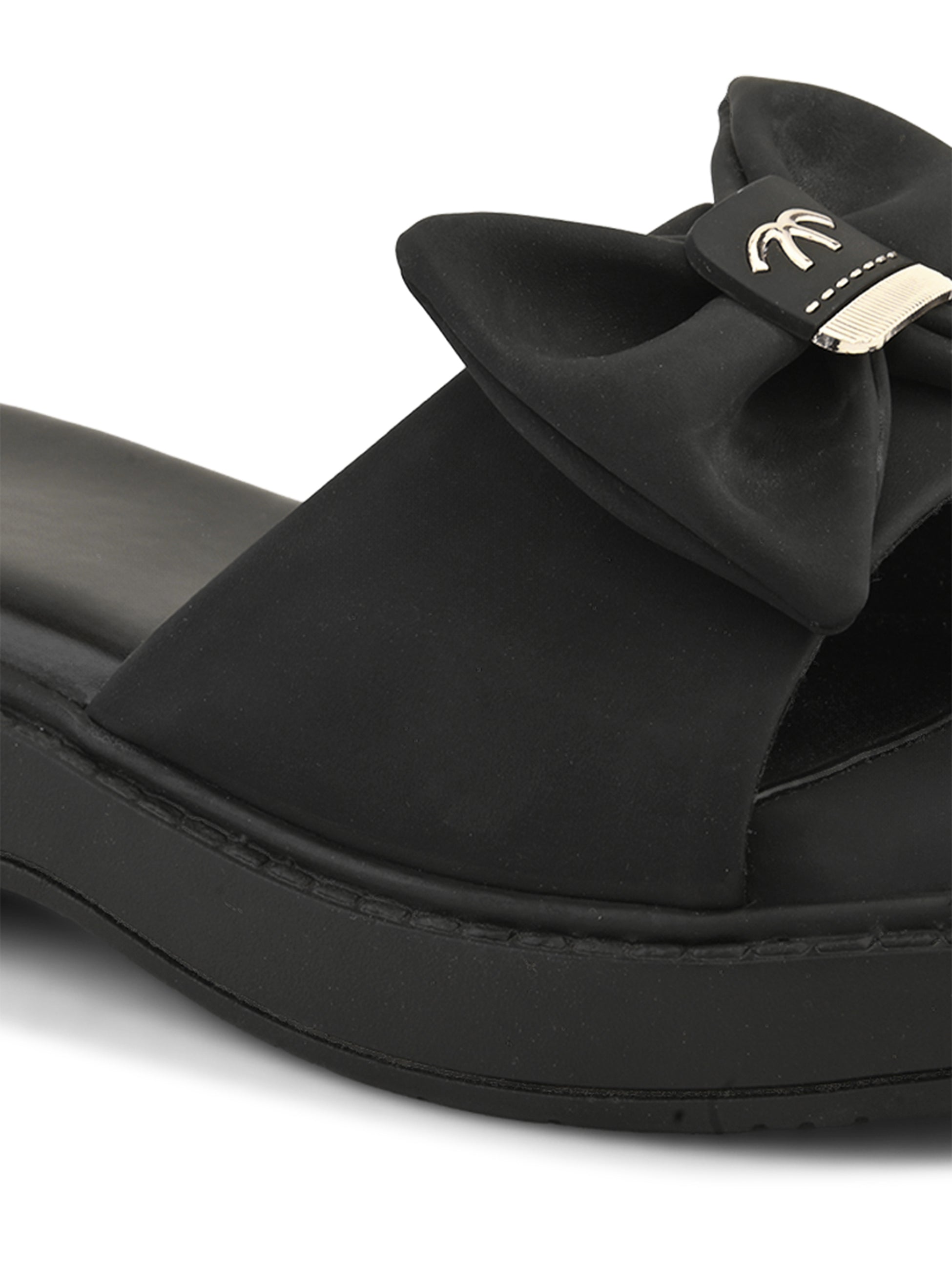 Wedge Slide Sandals Soft Bow Accent on Wide Upper Strap