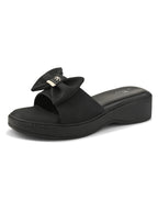 Wedge Slide Sandals Soft Bow Accent on Wide Upper Strap