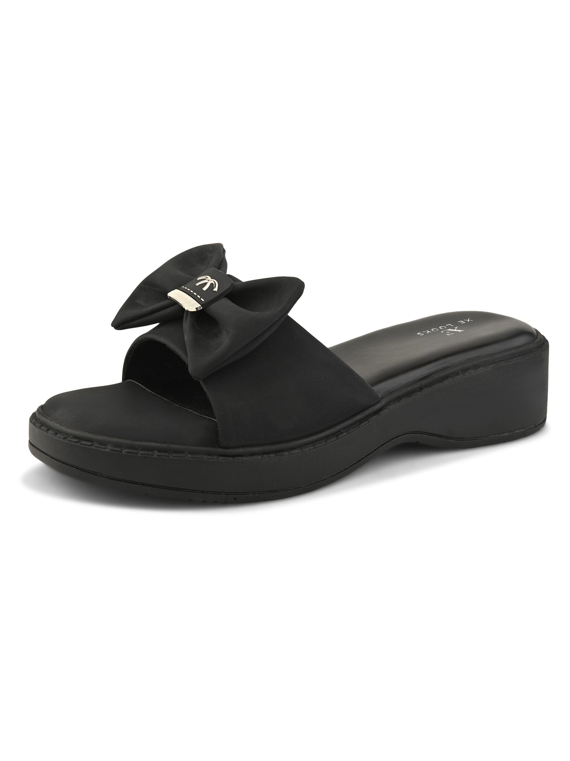 Wedge Slide Sandals Soft Bow Accent on Wide Upper Strap