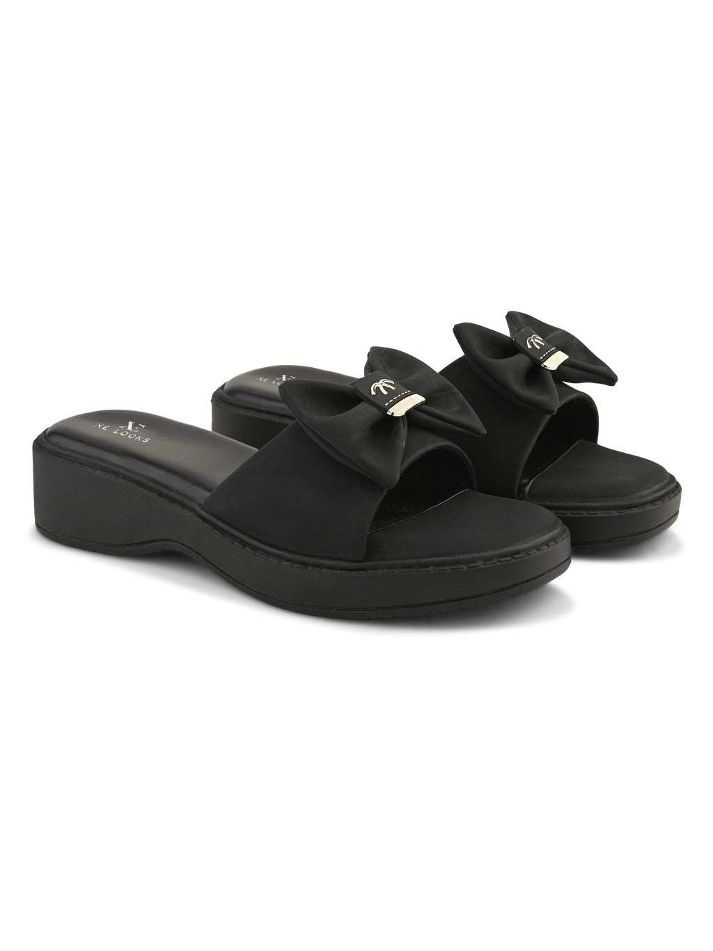 Wedge Slide Sandals Soft Bow Accent on Wide Upper Strap