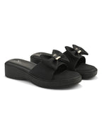 Wedge Slide Sandals Soft Bow Accent on Wide Upper Strap