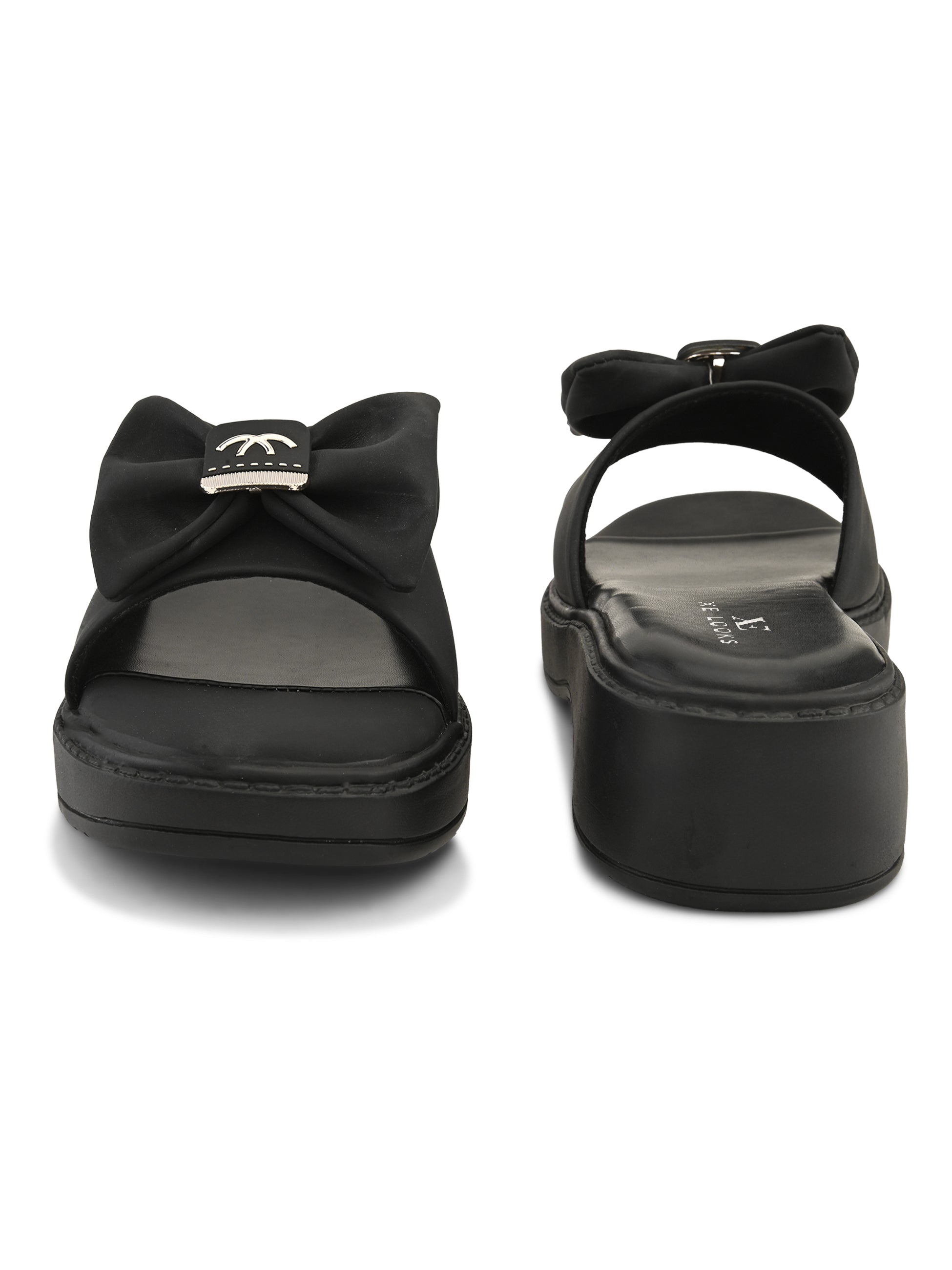 Wedge Slide Sandals Soft Bow Accent on Wide Upper Strap