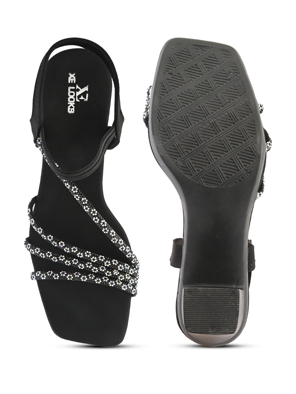 Embellished Multi-Cross Strap Block Heel Sandals