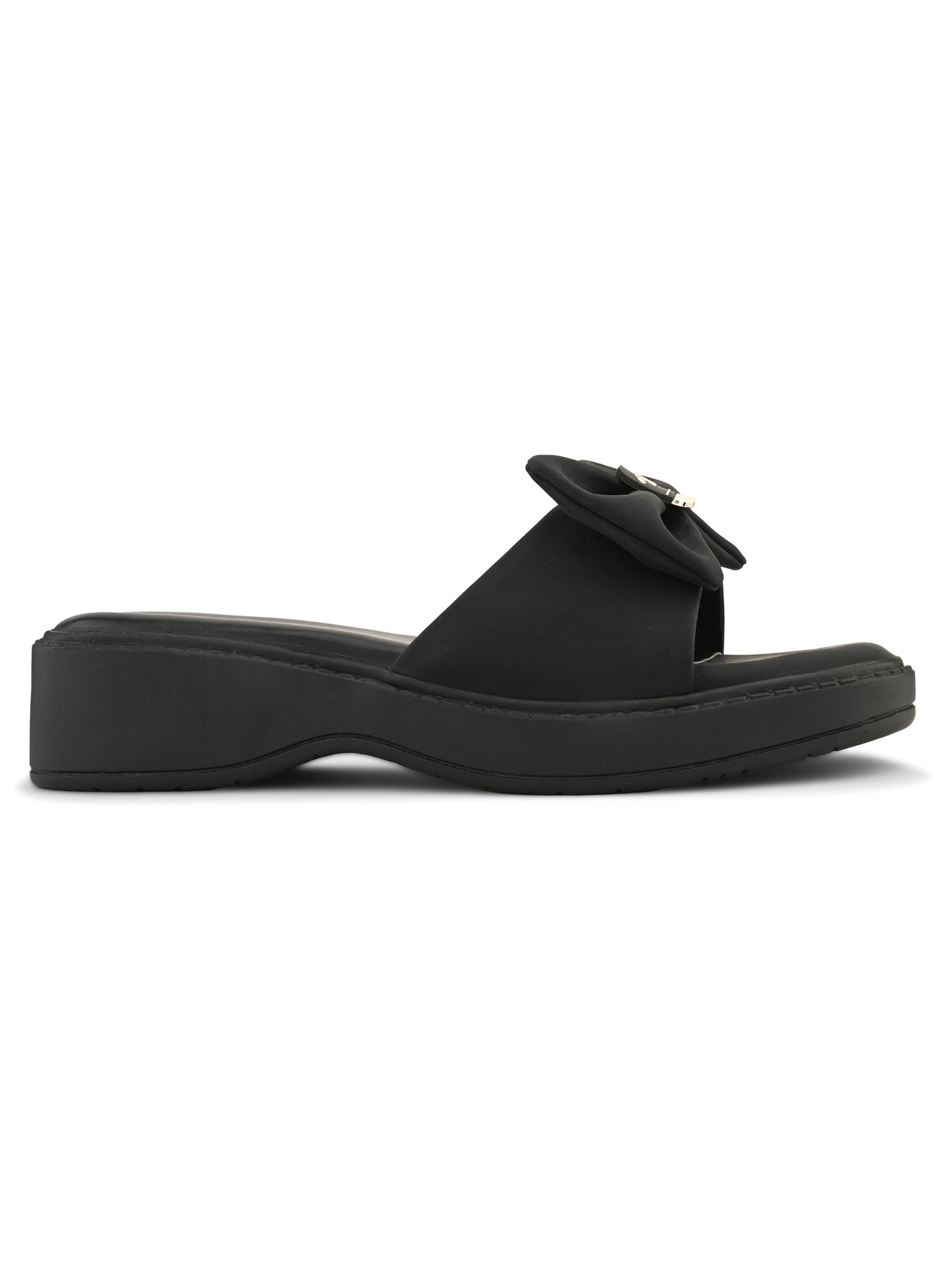 Wedge Slide Sandals Soft Bow Accent on Wide Upper Strap