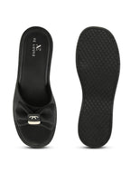 Wedge Slide Sandals Soft Bow Accent on Wide Upper Strap