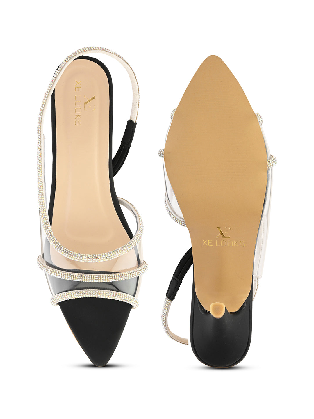 Rhinestone-Studded Clear Strap Slingback Heels