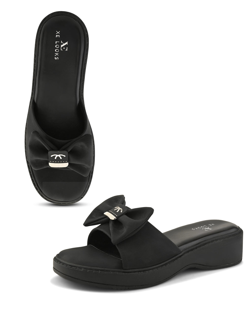 Wedge Slide Sandals Soft Bow Accent on Wide Upper Strap