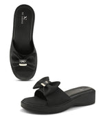 Wedge Slide Sandals Soft Bow Accent on Wide Upper Strap