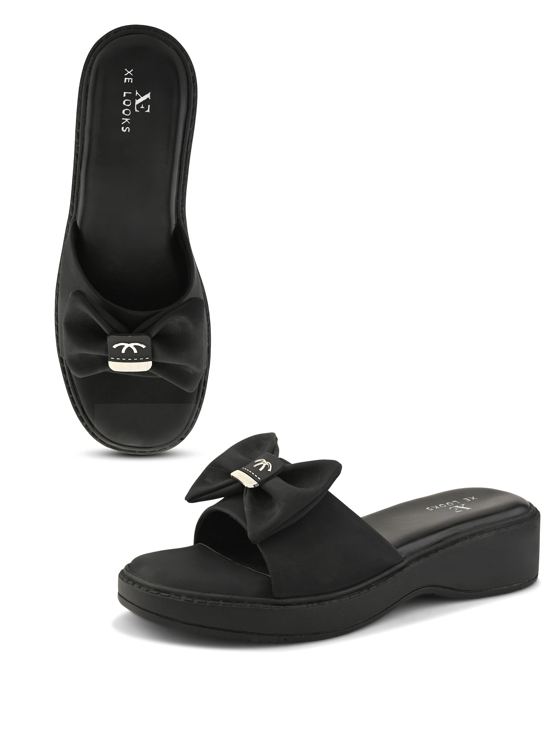 Wedge Slide Sandals Soft Bow Accent on Wide Upper Strap