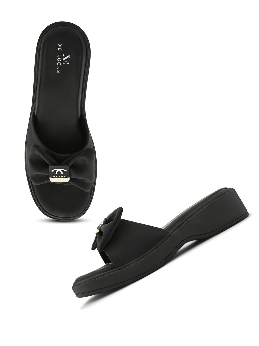 Wedge Slide Sandals Soft Bow Accent on Wide Upper Strap