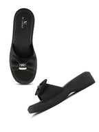 Wedge Slide Sandals Soft Bow Accent on Wide Upper Strap