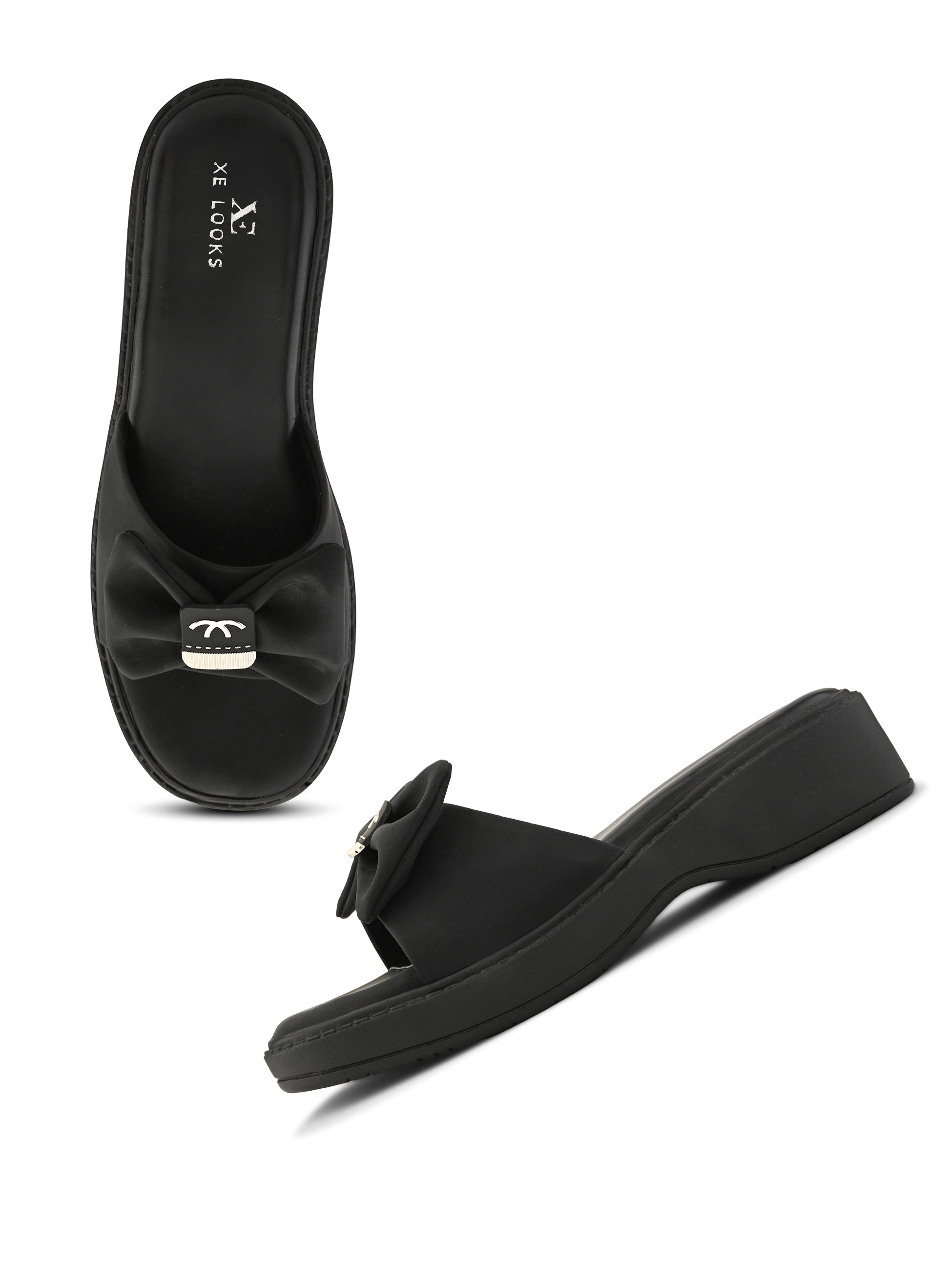 Wedge Slide Sandals Soft Bow Accent on Wide Upper Strap