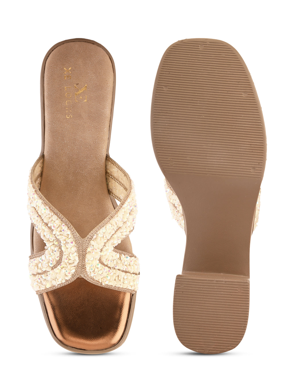 Embellished Criss-Cross Beaded Design Slip-On Block Heel Sandals