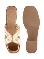 Embellished Criss-Cross Beaded Design Slip-On Block Heel Sandals