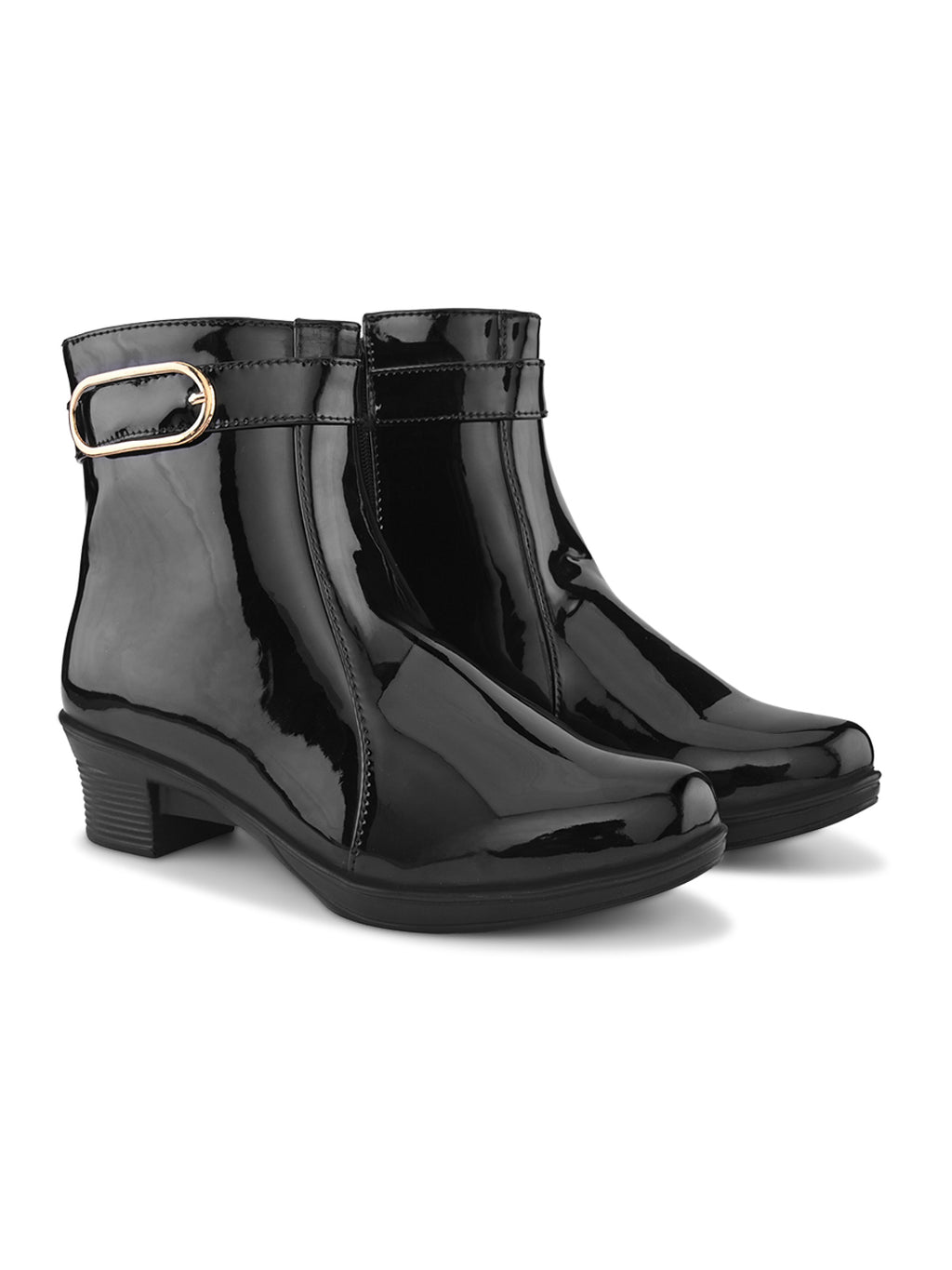 Glossy Buckle Accent Side Zip Block Heel Ankle Boots