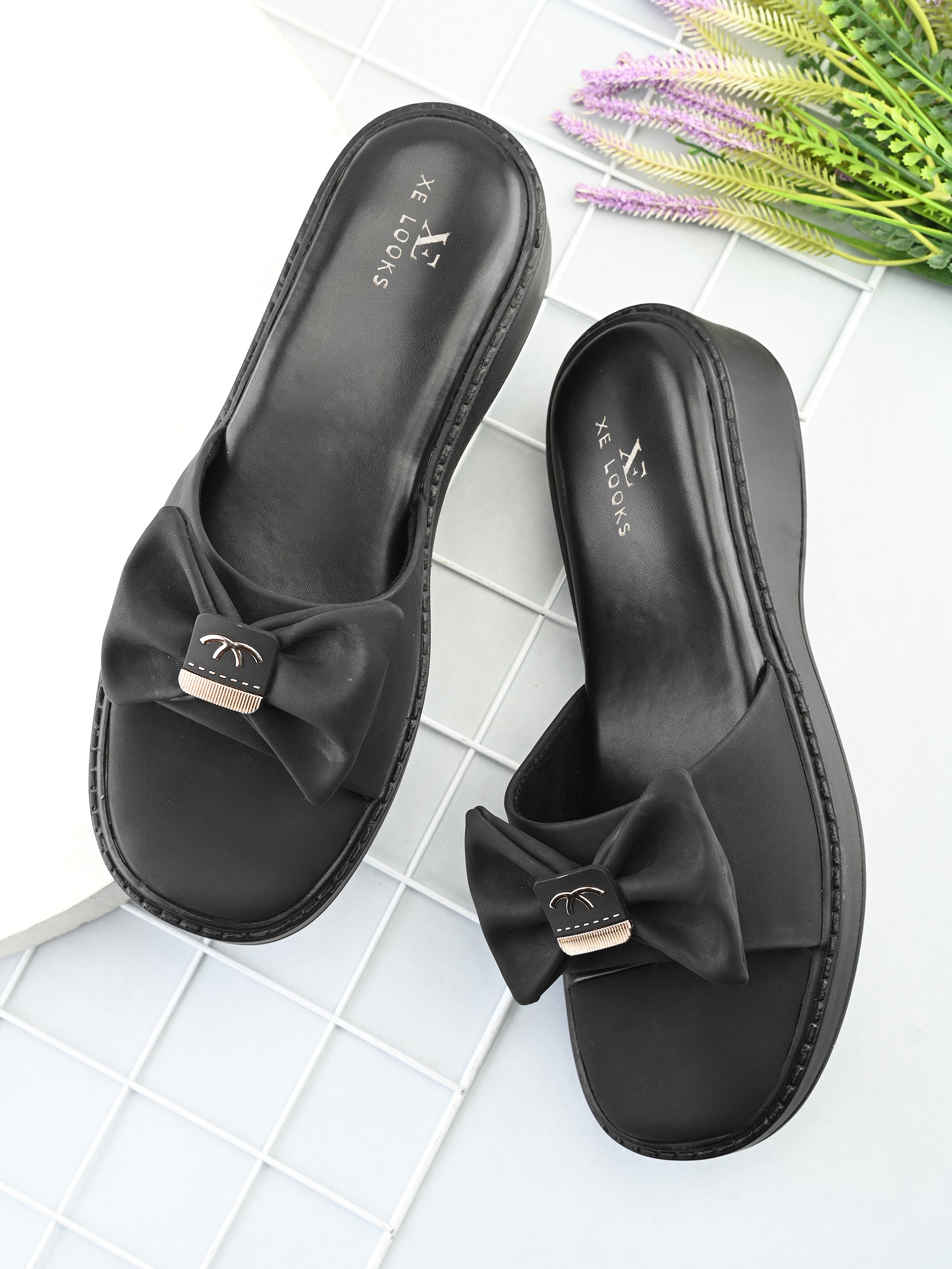 Wedge Slide Sandals Soft Bow Accent on Wide Upper Strap