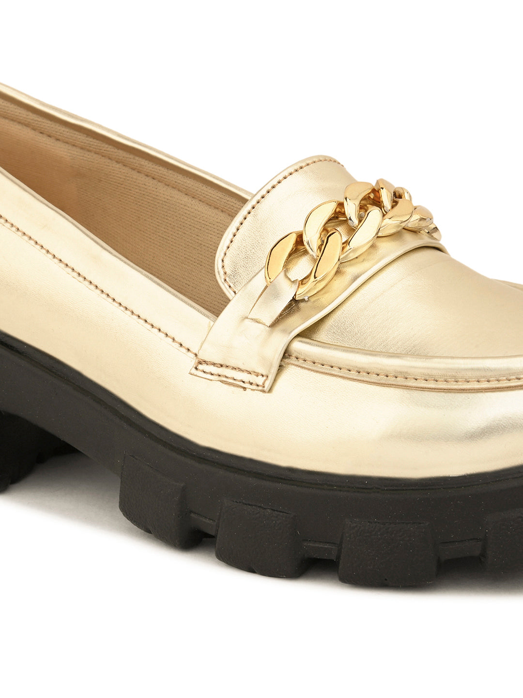 Glossy  Loafers with Chunky Sole and Gold Chain Accent