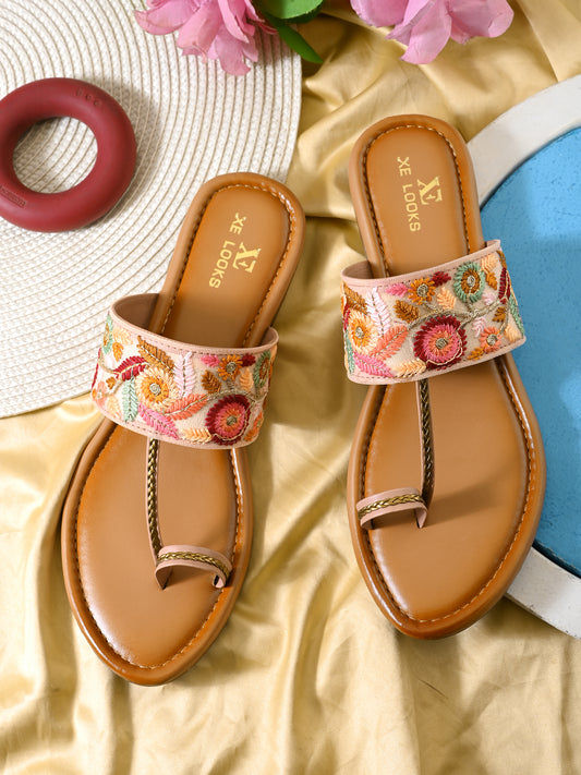 Chic Floral Embroidered Toe-Ring Flats Sandals